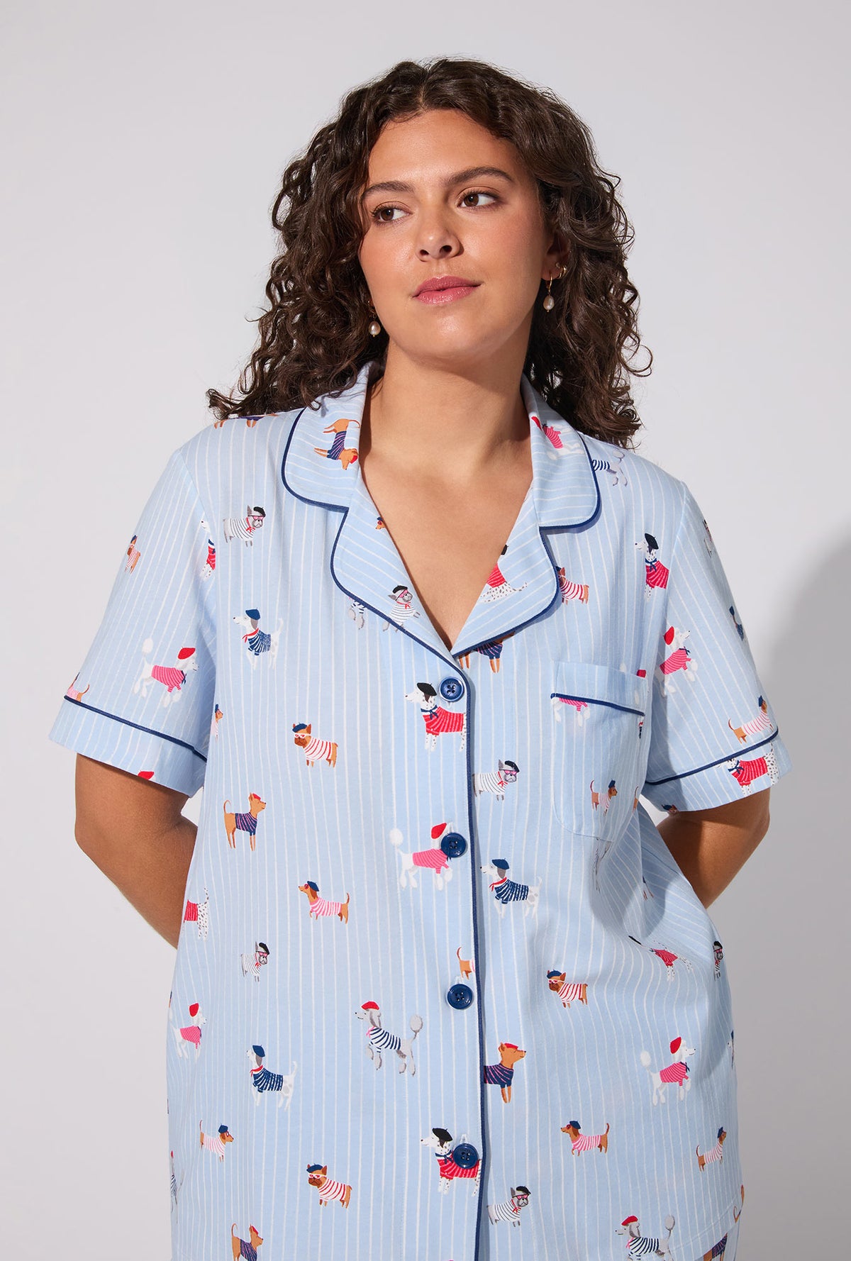 A lady wearing French Pups Short Sleeve Classic Stretch Jersey Cropped PJ Set