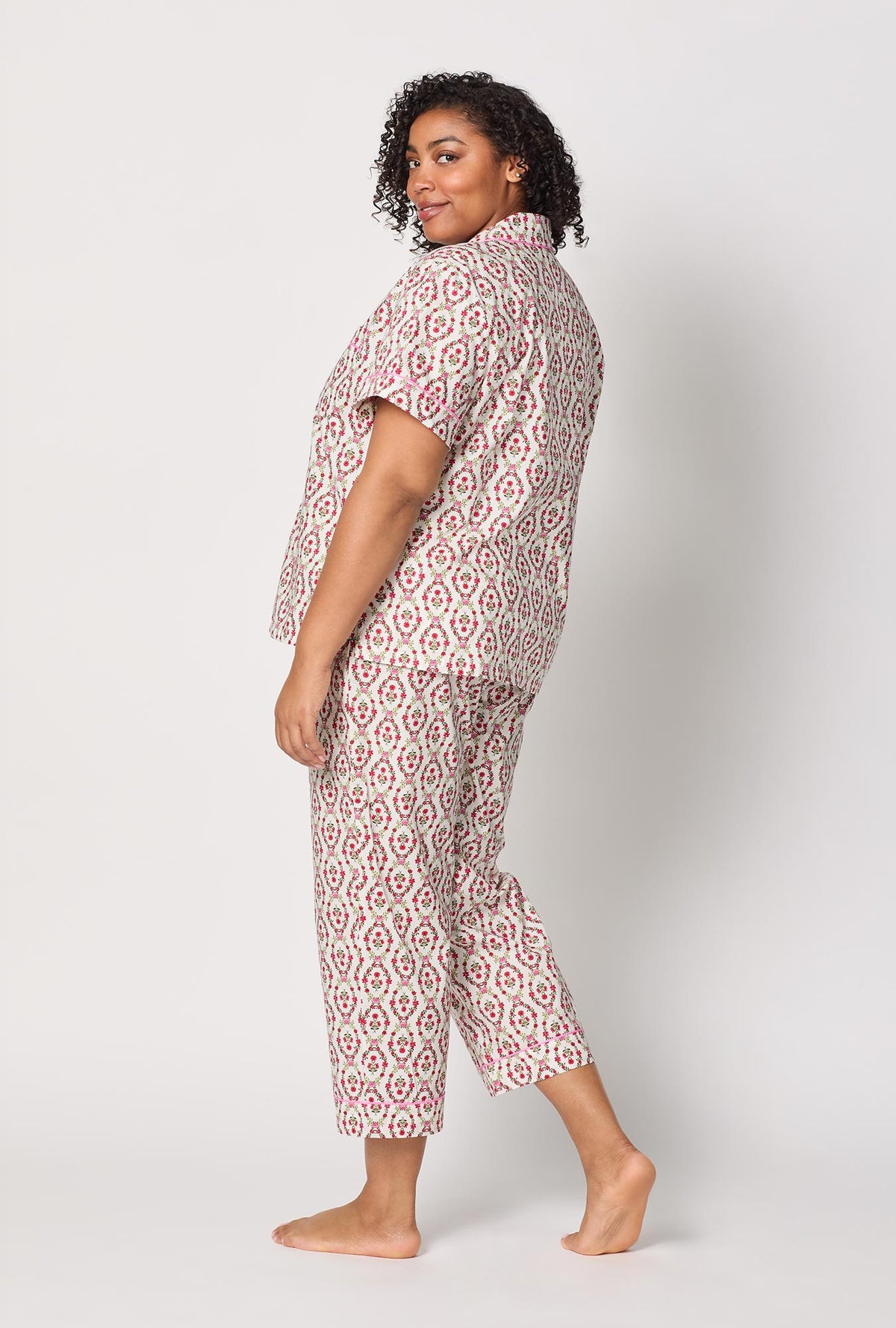 A lady wearing plus size Olivia Short Sleeve Classic Woven Cotton Poplin Cropped Pj Set