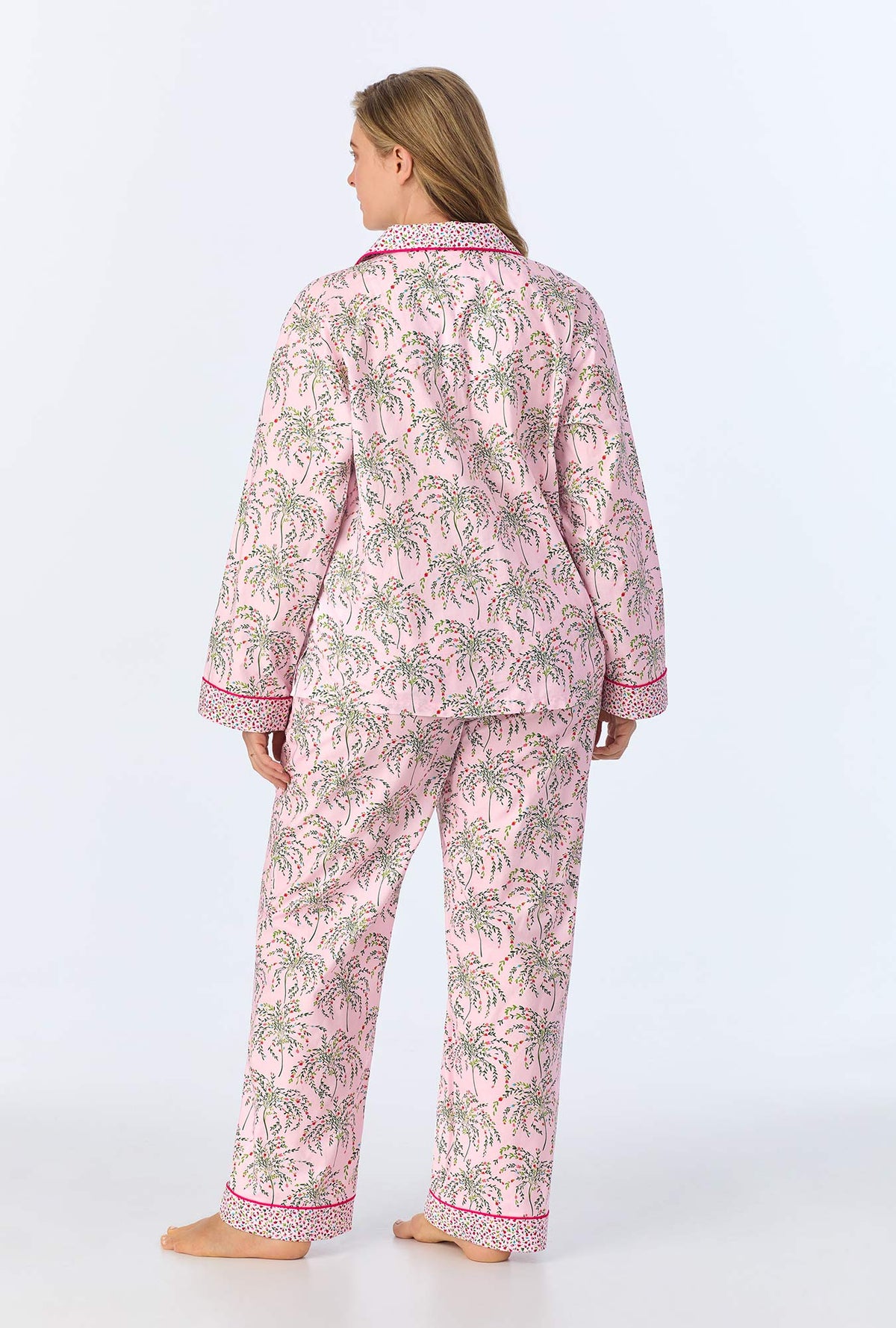 A lady wearing Willow Long Sleeve Classic Woven Cotton Poplin PJ Set
