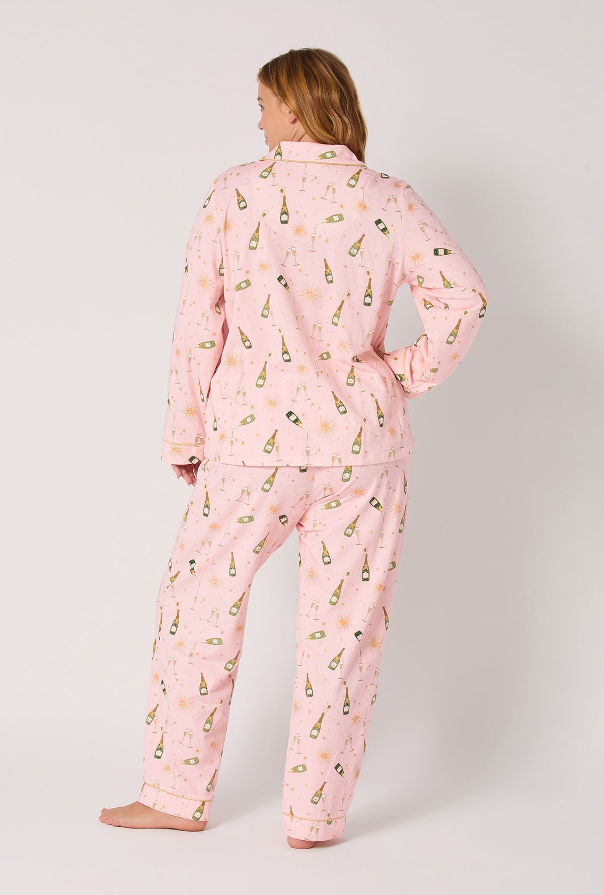 A Lady wearing Pop Fizz Clink Long Sleeve Classic Stretch Jersey Pj Set