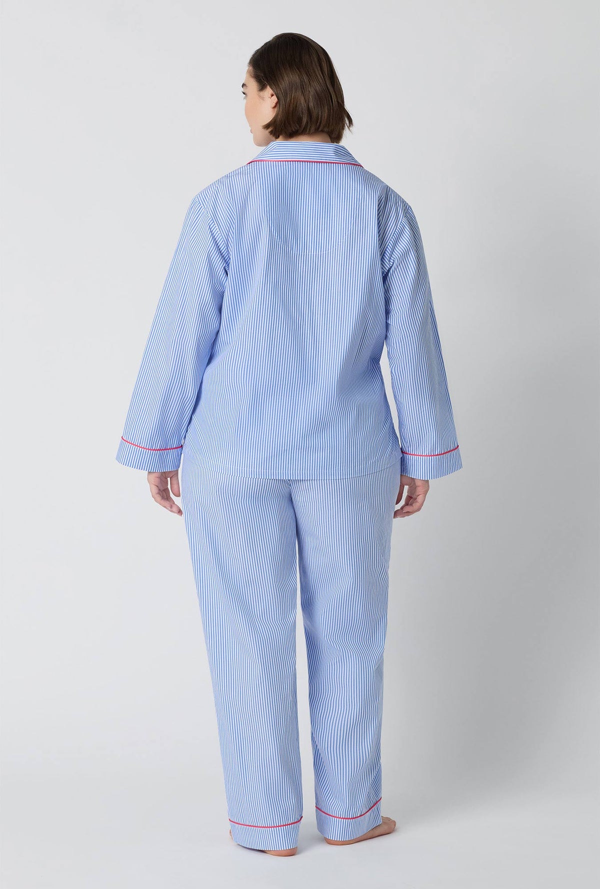 A Lady Wearing  Plus Size French Stripe Long Sleeve Classic Woven Supersoft Cotton Poplin Pj Set in a full back view pose