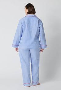 A Lady Wearing  Plus Size French Stripe Long Sleeve Classic Woven Supersoft Cotton Poplin Pj Set in a full back view pose