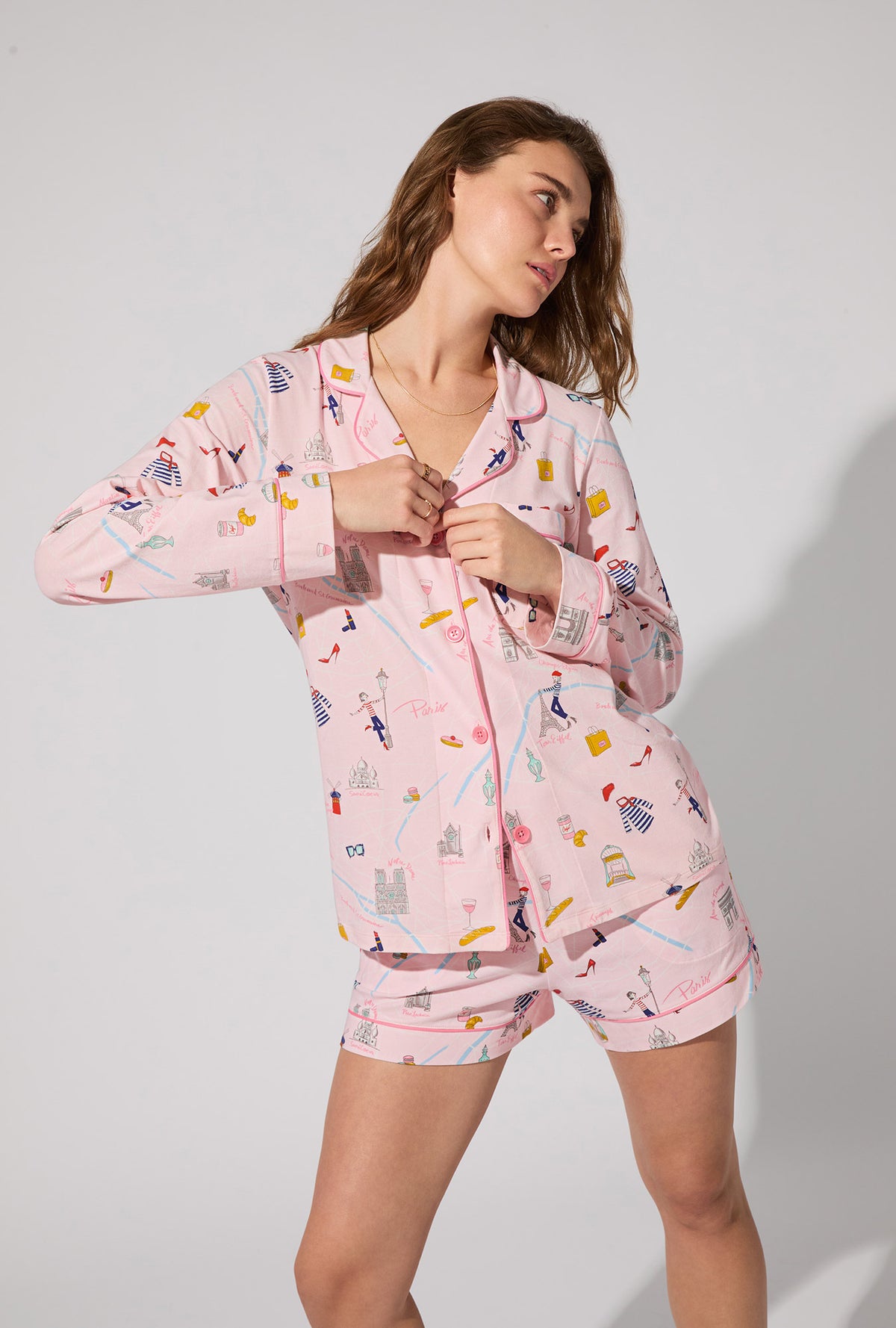 A lady wearing 48 Hrs In Paris Long Sleeve Classic Stretch Jersey Short PJ Set