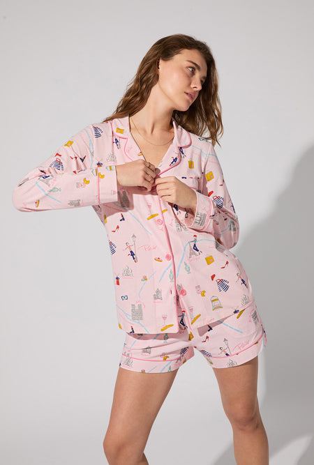 A lady wearing 48 Hrs In Paris Long Sleeve Classic Stretch Jersey Short PJ Set