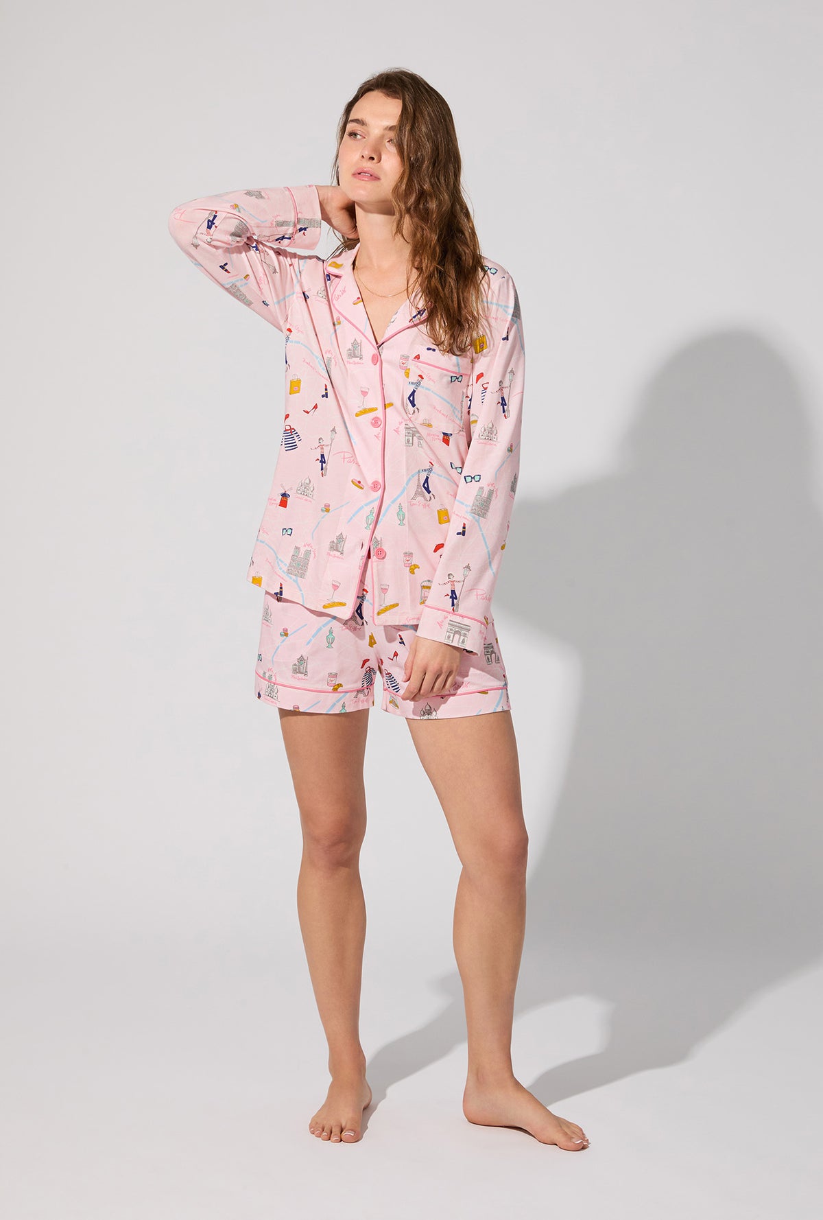 A lady wearing 48 Hrs In Paris Long Sleeve Classic Stretch Jersey Short PJ Set