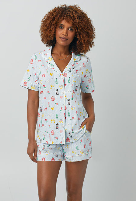 A lady wearing Short Sleeve Classic Shorty Stretch Jersey PJ Set with wedding party print