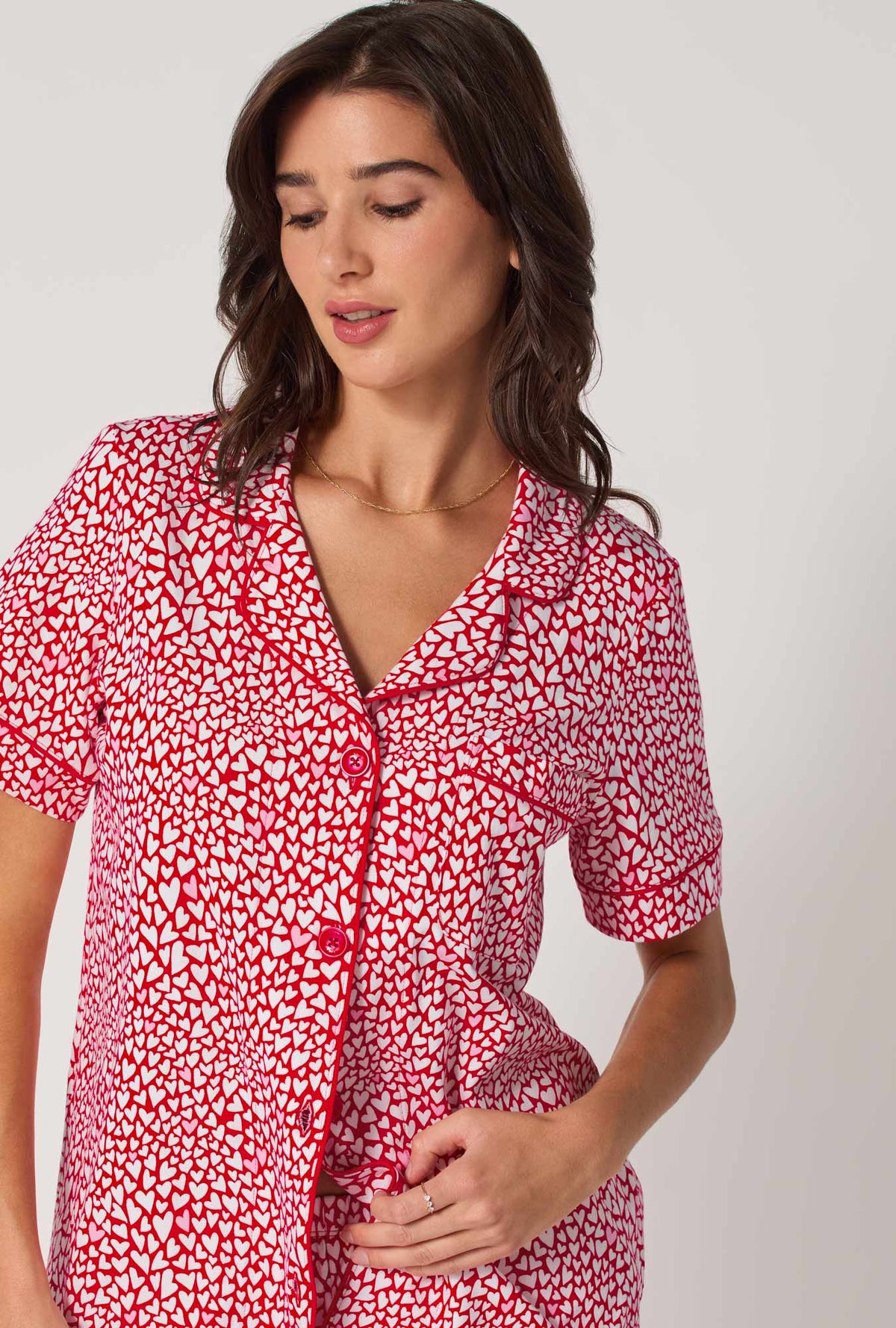 A lady wearing Bursting With Love Short Sleeve Classic Shorty Stretch Jersey Pj Set