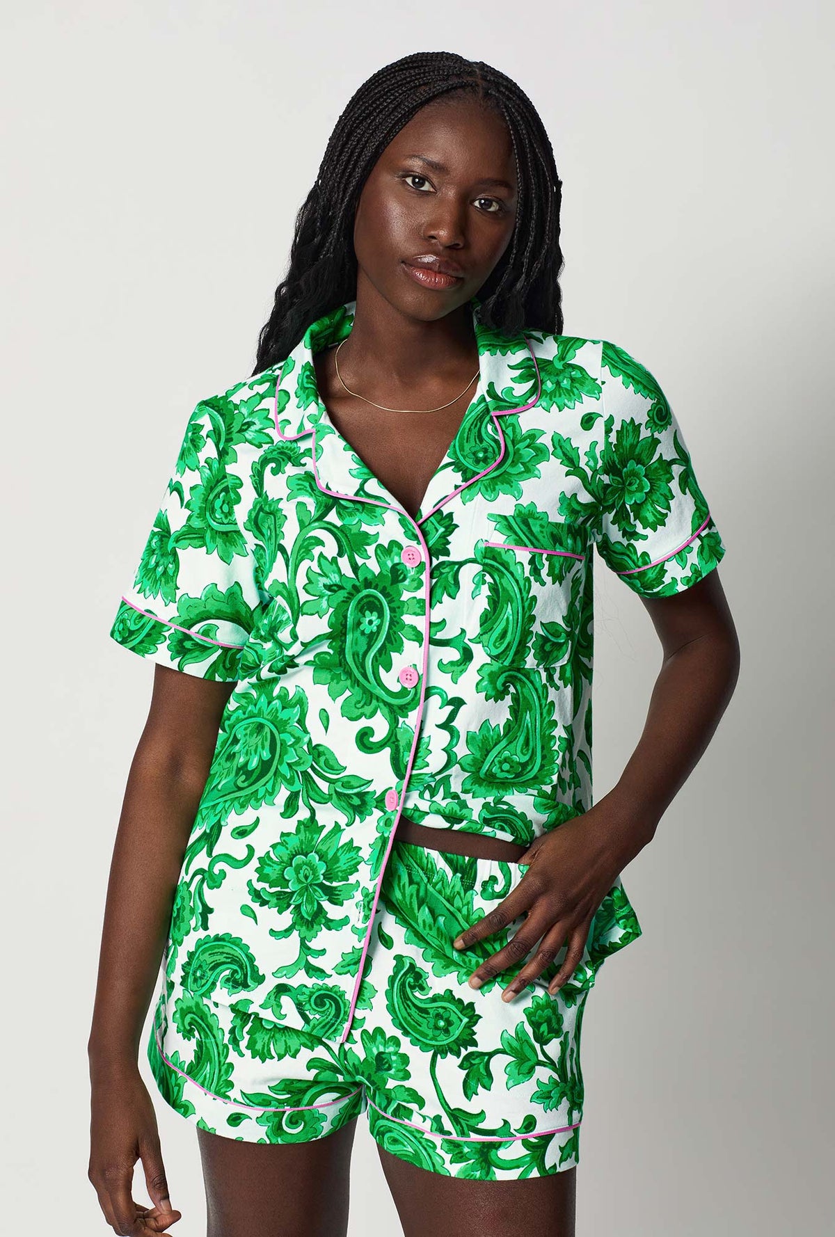 A closeup of A lady wearing Green and  White Short Sleeve Classic Shorty Stretch Jersey Pj Set