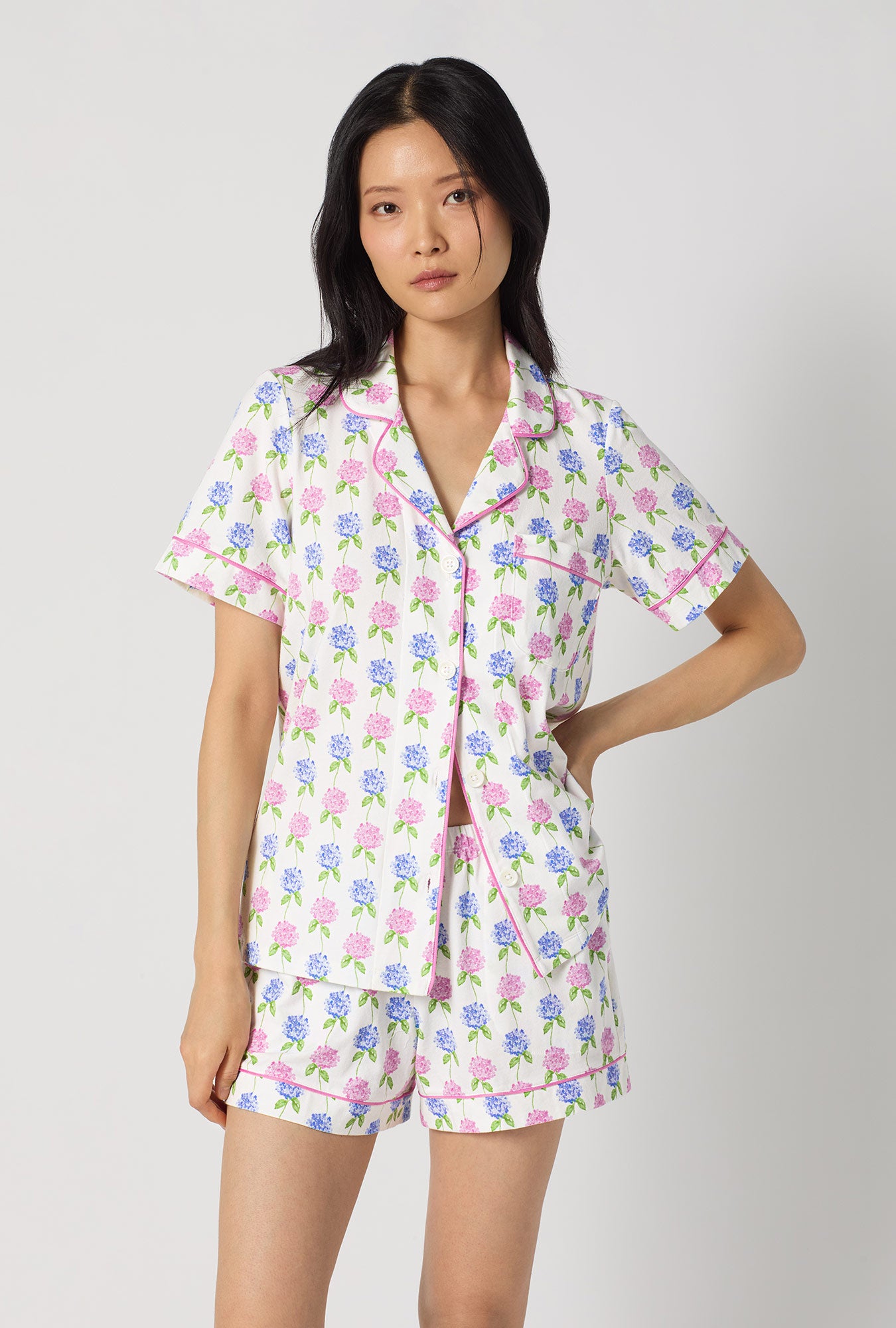 A lady wearing Cottage Parlor Short Sleeve Classic Shorty Stretch Jersey Pj Set closer look