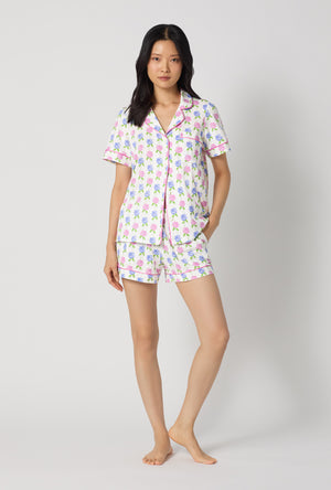 A lady wearing Cottage Parlor Short Sleeve Classic Shorty Stretch Jersey Pj Set looking front