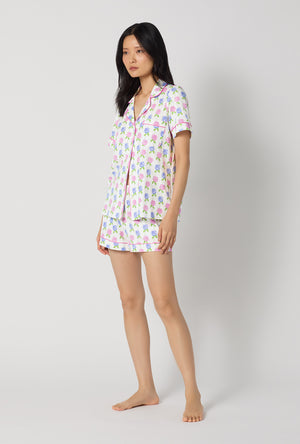 A lady wearing Cottage Parlor Short Sleeve Classic Shorty Stretch Jersey Pj Set