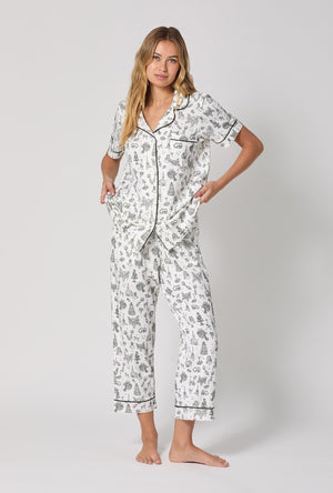 A lady wearing Tie The Knot Short Sleeve Classic Stretch Jersey Cropped Pj Set