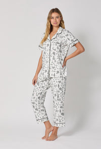 A lady wearing Tie The Knot Short Sleeve Classic Stretch Jersey Cropped Pj Set