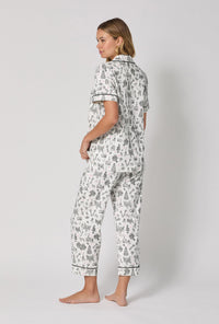 A lady wearing Tie The Knot Short Sleeve Classic Stretch Jersey Cropped Pj Set