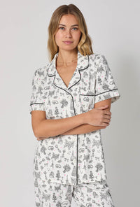 A lady wearing Tie The Knot Short Sleeve Classic Stretch Jersey Cropped Pj Set