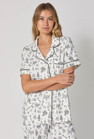 A lady wearing Tie The Knot Short Sleeve Classic Stretch Jersey Cropped Pj Set