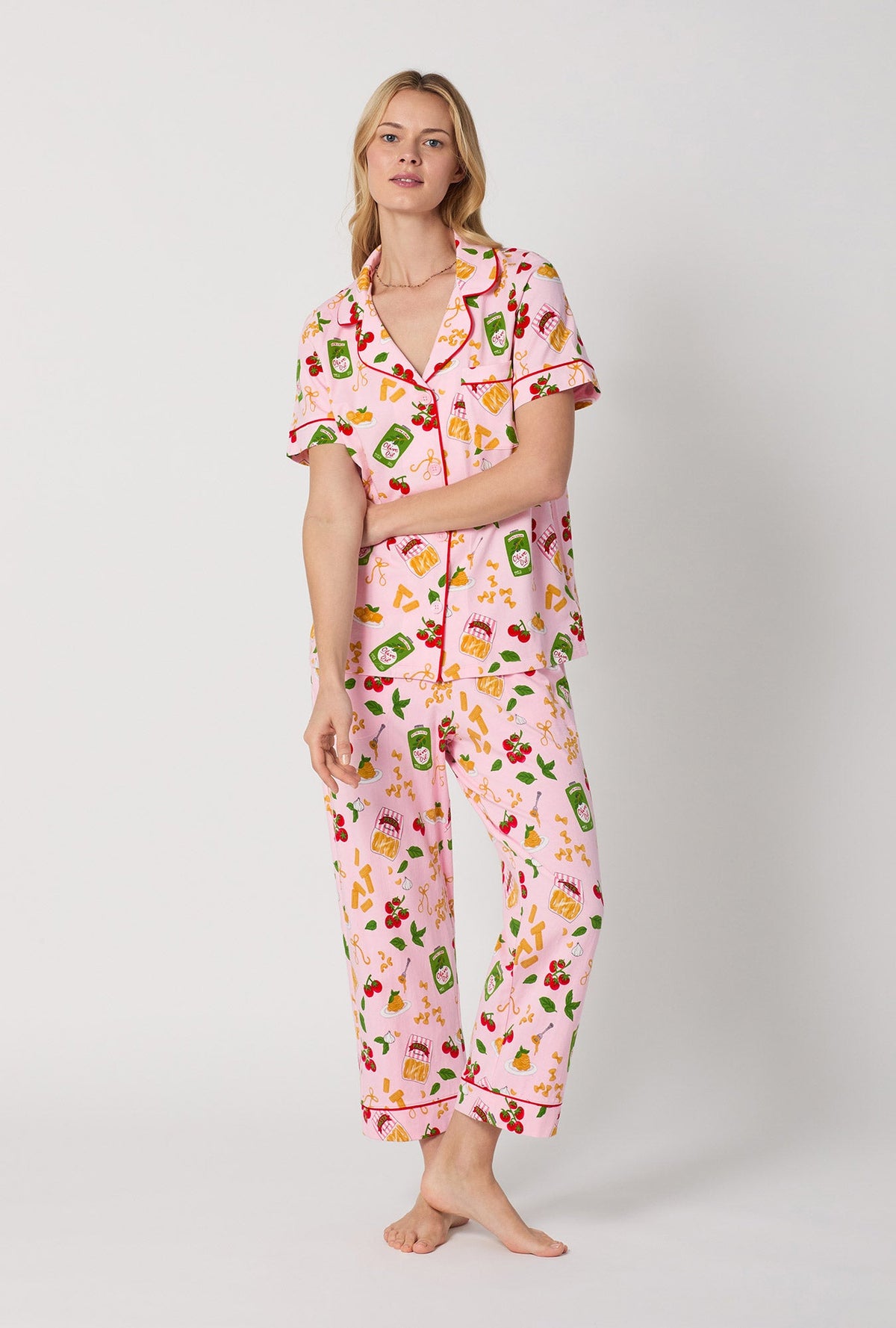 A lady wearing Pink Short Sleeve Classic Stretch Jersey Cropped Pj Set front view