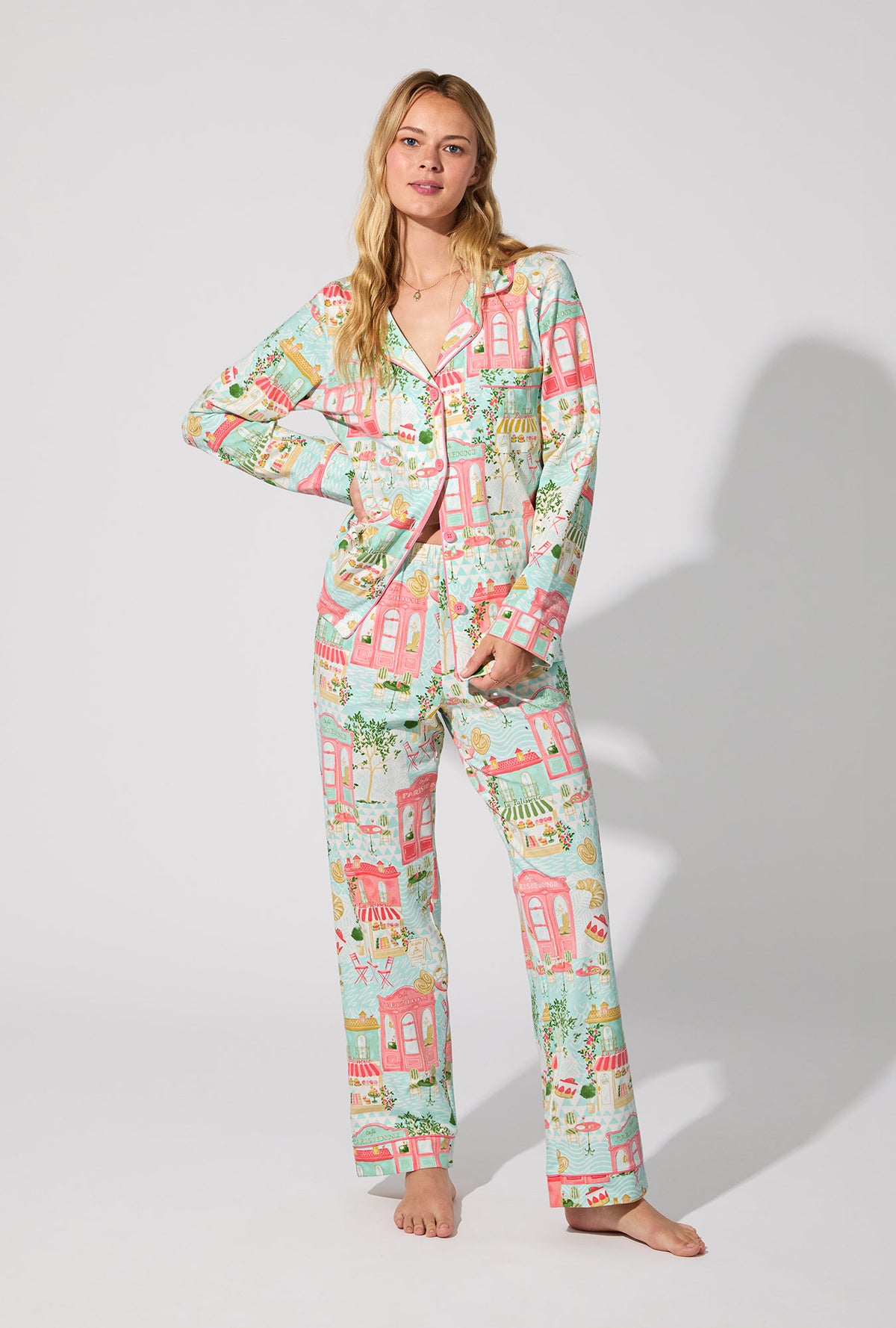 A lady wearing Parisian Delights Long Sleeve Classic Stretch Jersey PJ Set
