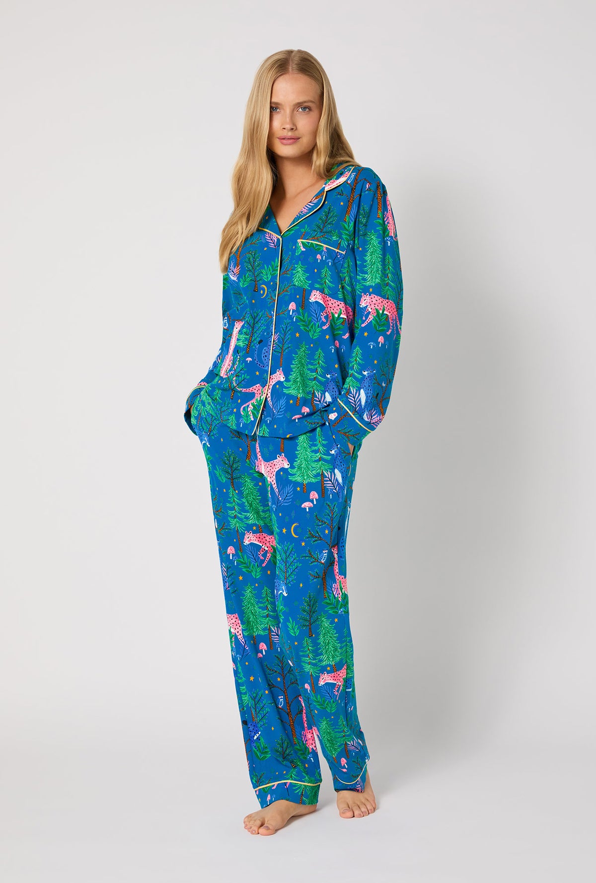 A lady wearing Midnight Forest Long Sleeve Classic Stretch Jersey Pj Set