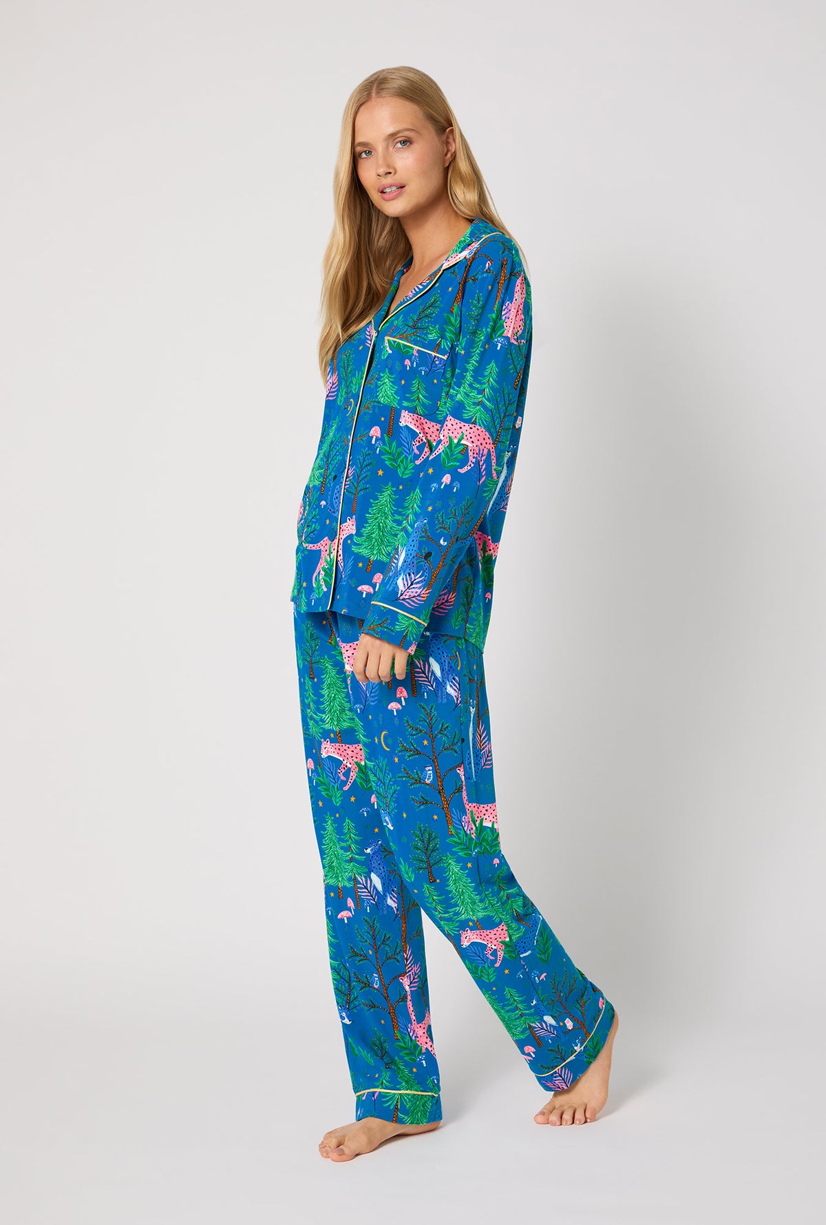 A lady wearing Midnight Forest Long Sleeve Classic Stretch Jersey Pj Set