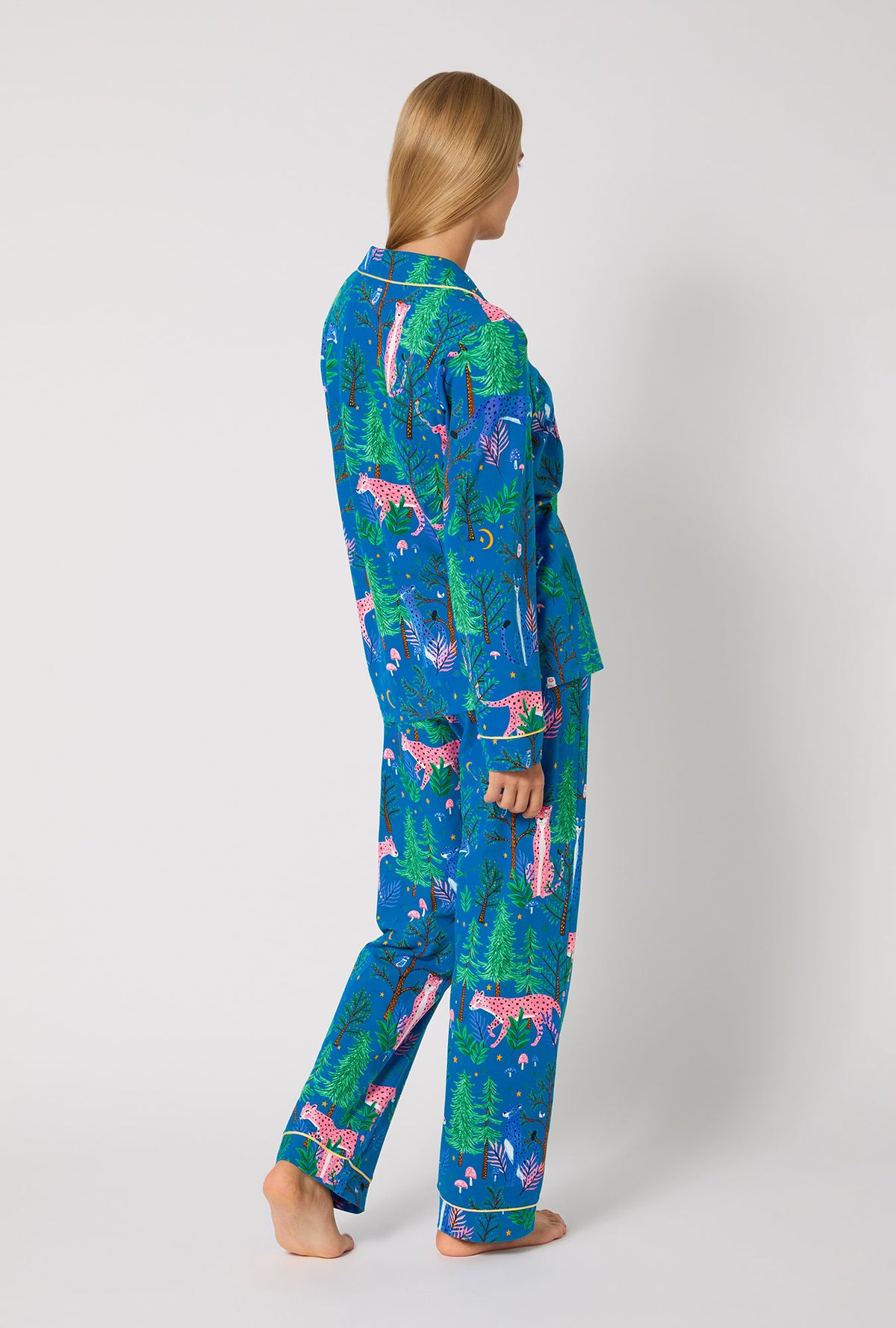 A lady wearing Midnight Forest Long Sleeve Classic Stretch Jersey Pj Set