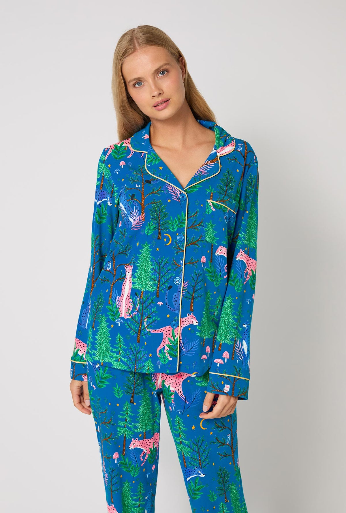 A lady wearing Midnight Forest Long Sleeve Classic Stretch Jersey Pj Set