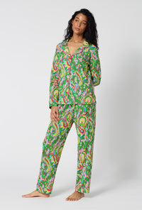 A Lady Wearing Sultana Long Sleeve Classic Stretch Jersey Pj Set in a front facing side angled view pose