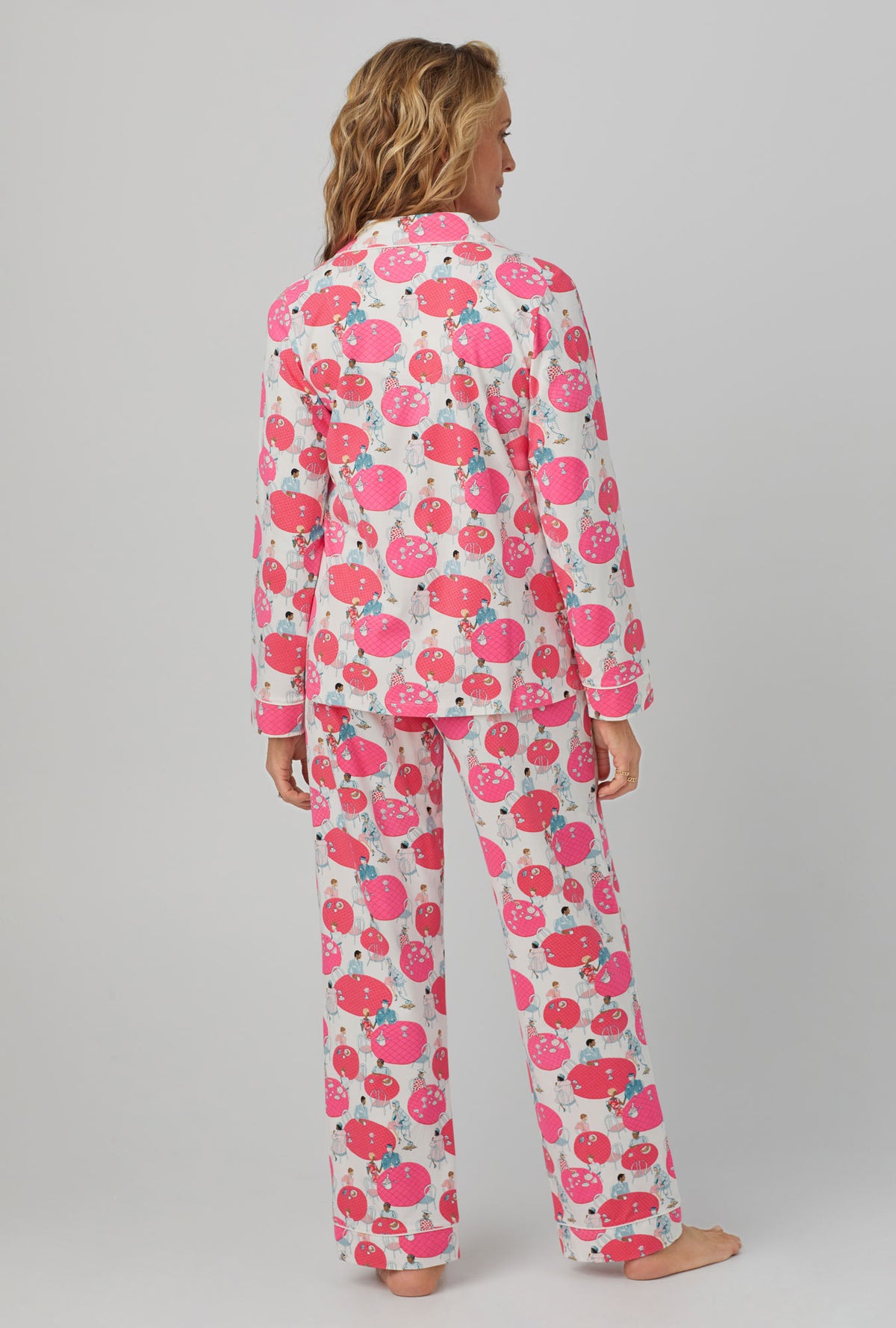 A lady wearing pink long sleeve classic stretch jersey pj set with sunday brunch print