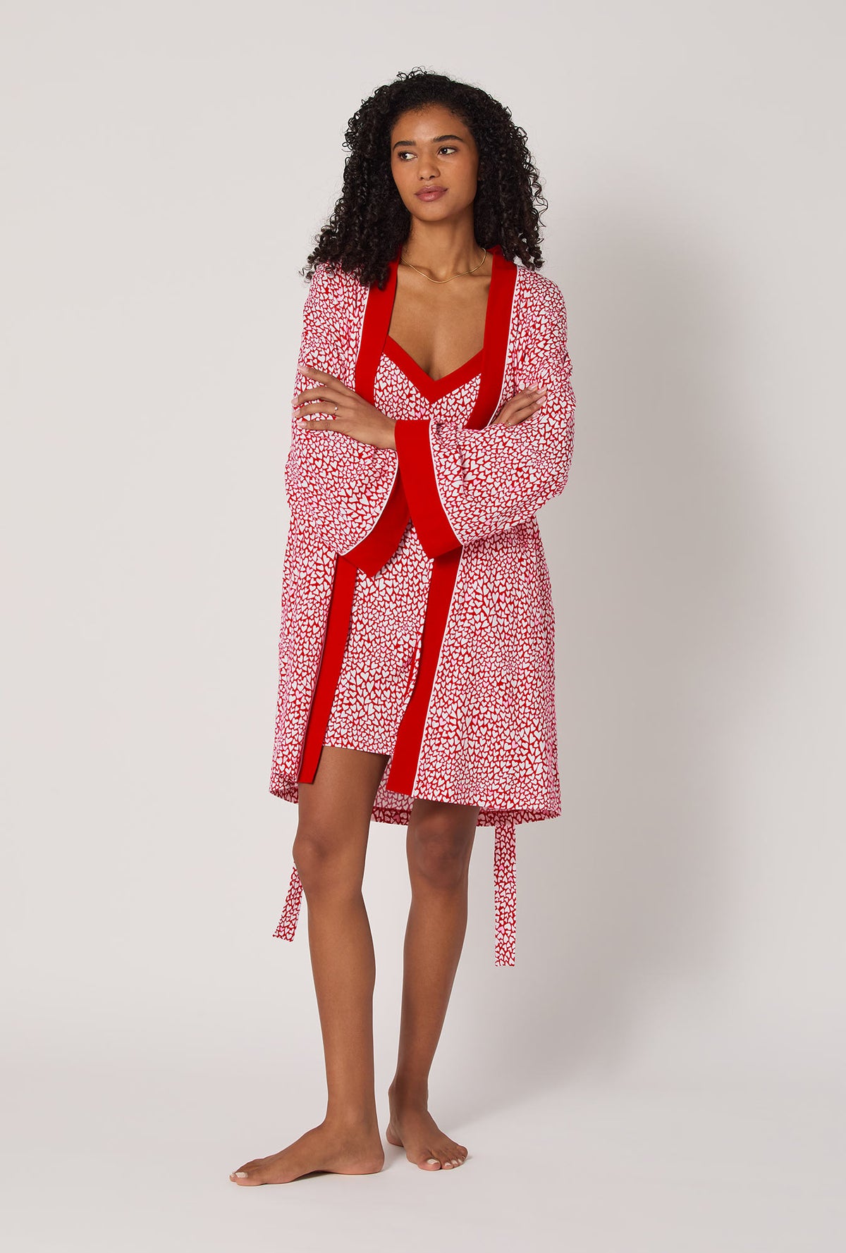 A lady wearing Bursting With Love Banded Collar Stretch Jersey Robe