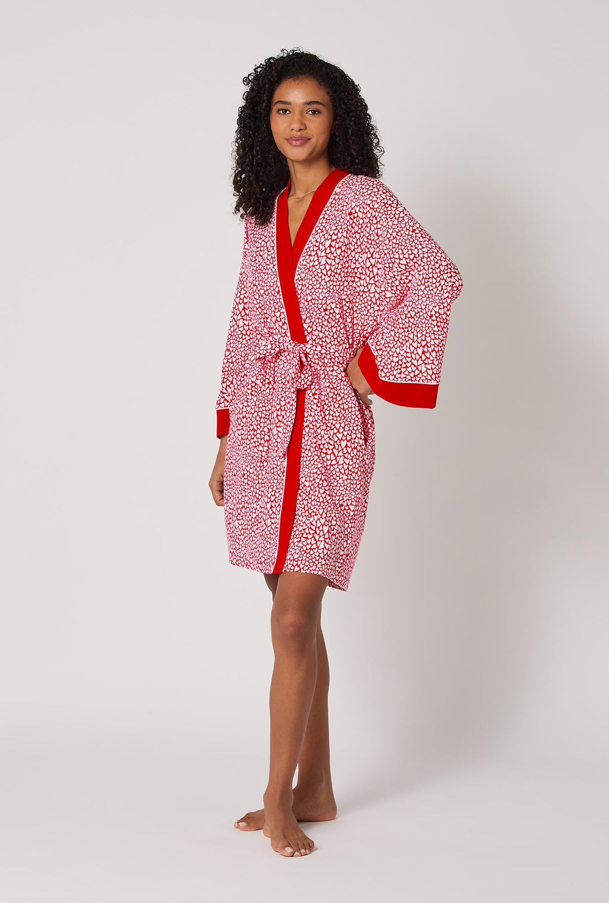 A lady wearing Bursting With Love Banded Collar Stretch Jersey Robe