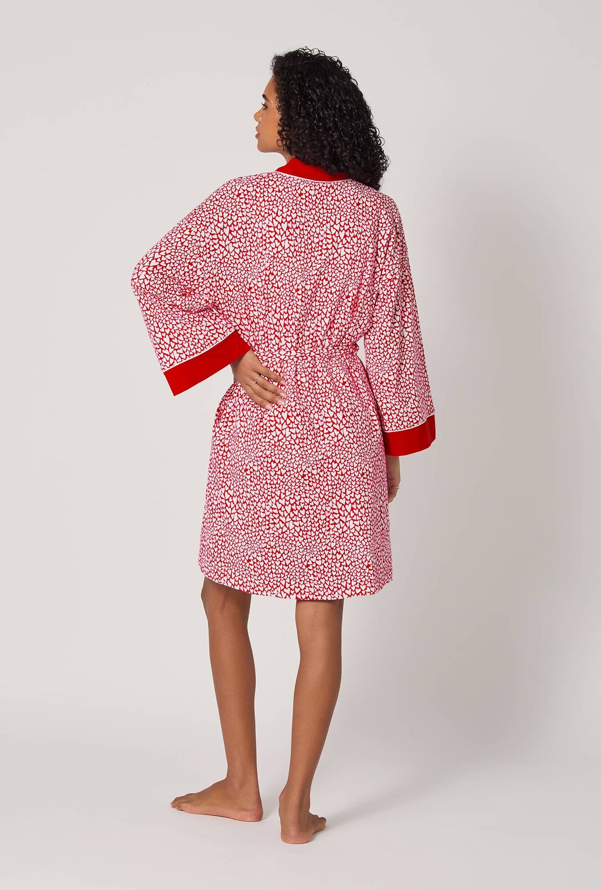 A lady wearing Bursting With Love Banded Collar Stretch Jersey Robe