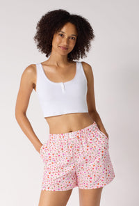 A lady wearing Blushwood Woven Portuguese Flannel Boxer Short closer look