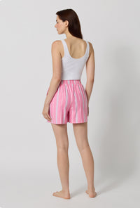 A lady wearing Sophie Stripe Woven Portuguese Flannel Boxer Short back view