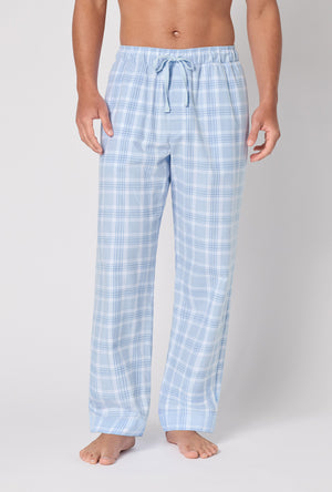 A man wearing Meadow Haze Plaid Men's Woven Portuguese Flannel Pj Pant