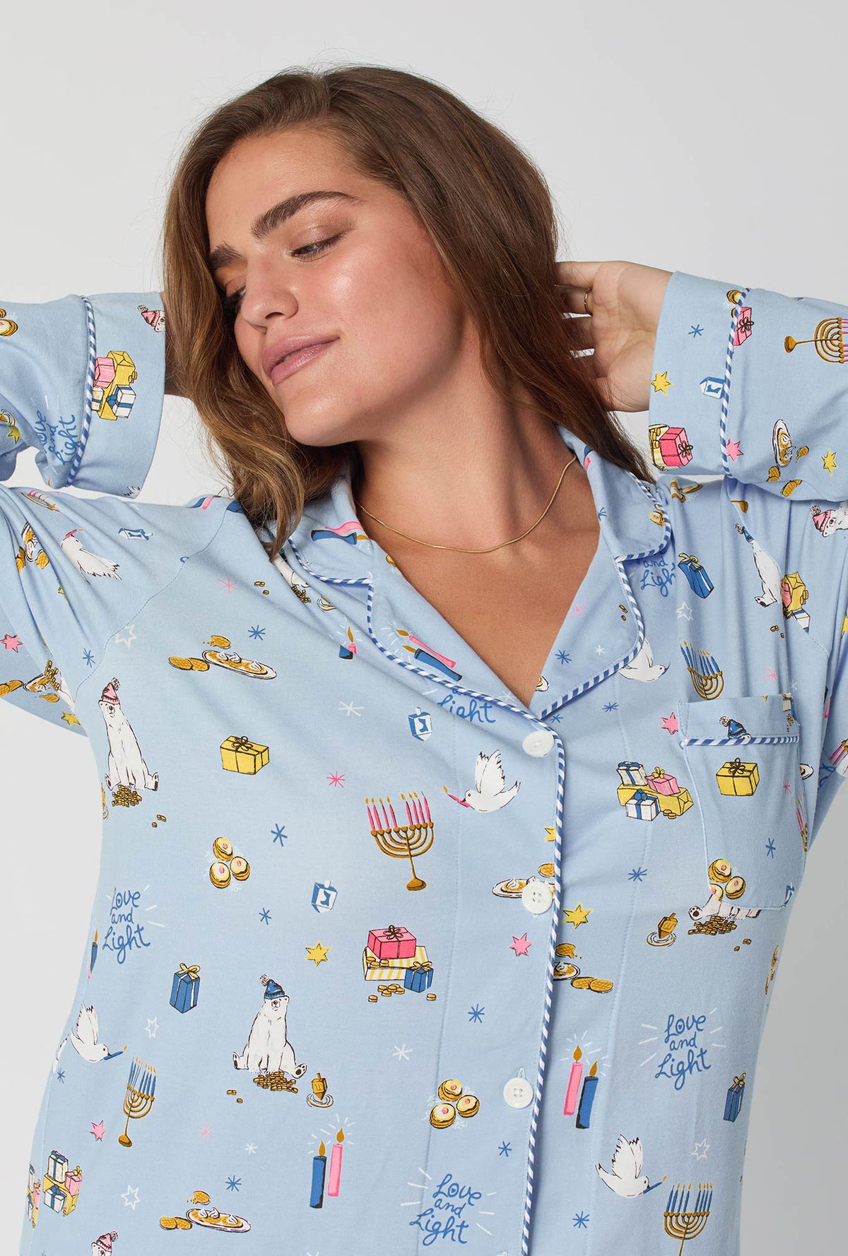 A lady wearing Love And Light Long Sleeve Classic Stretch Jersey Pj Set