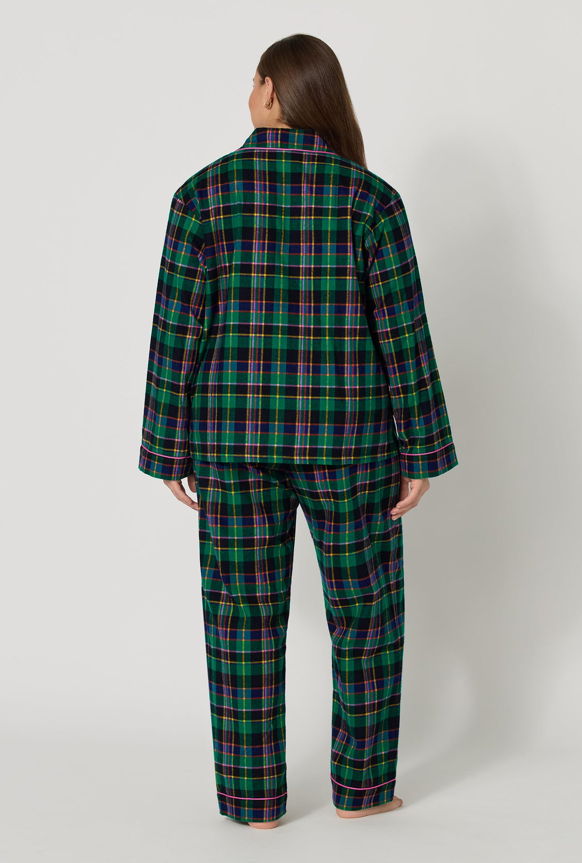 A lady wearing plus size Winter Plaid Long Sleeve Classic Woven Portuguese Flannel Pj Set back view