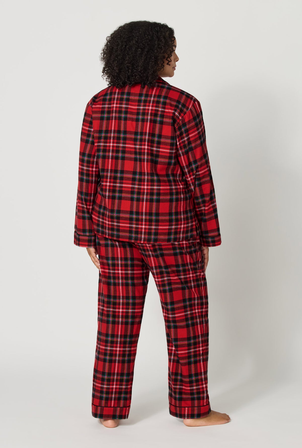 A lady wearing plus size Fireside Plaid Long Sleeve Classic Woven Portuguese Flannel Pj Set back view