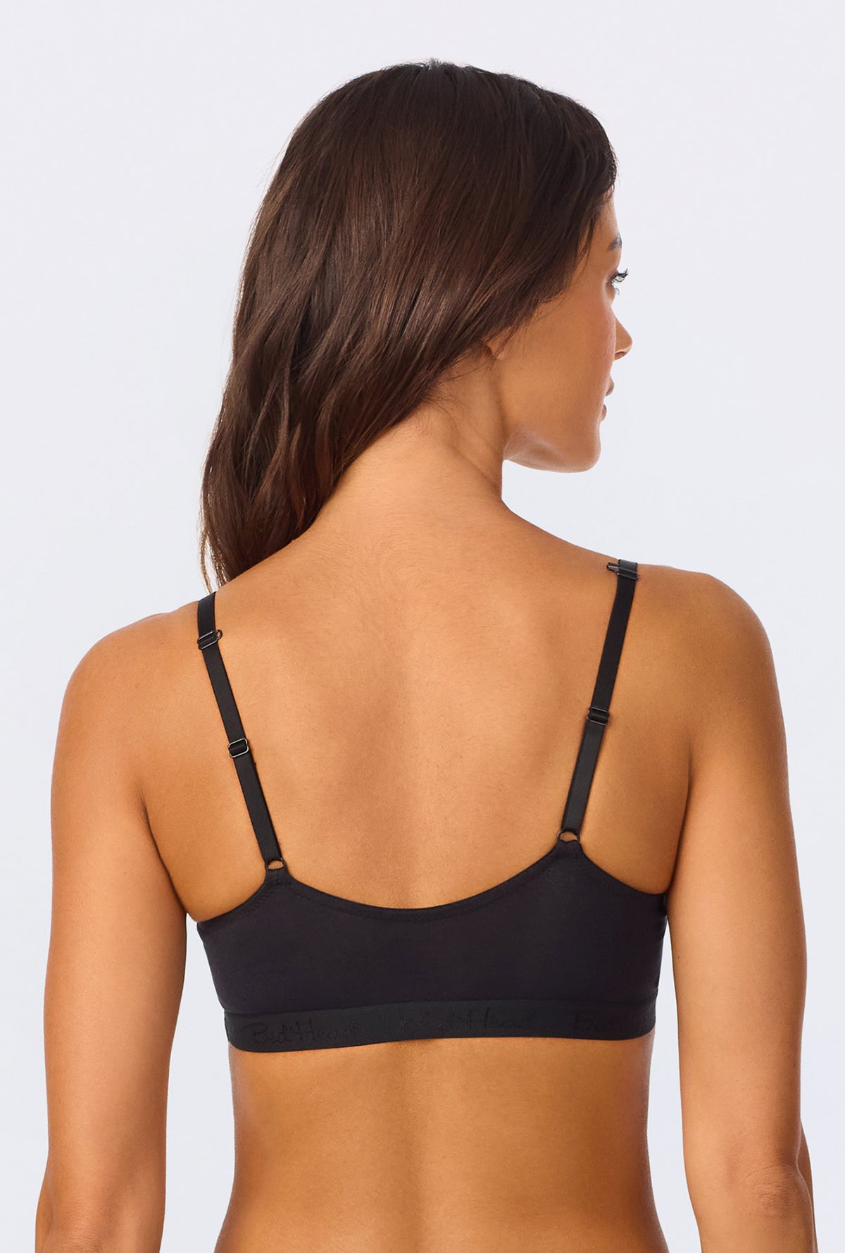 A lady wearing Black Stretch Jersey Bralette