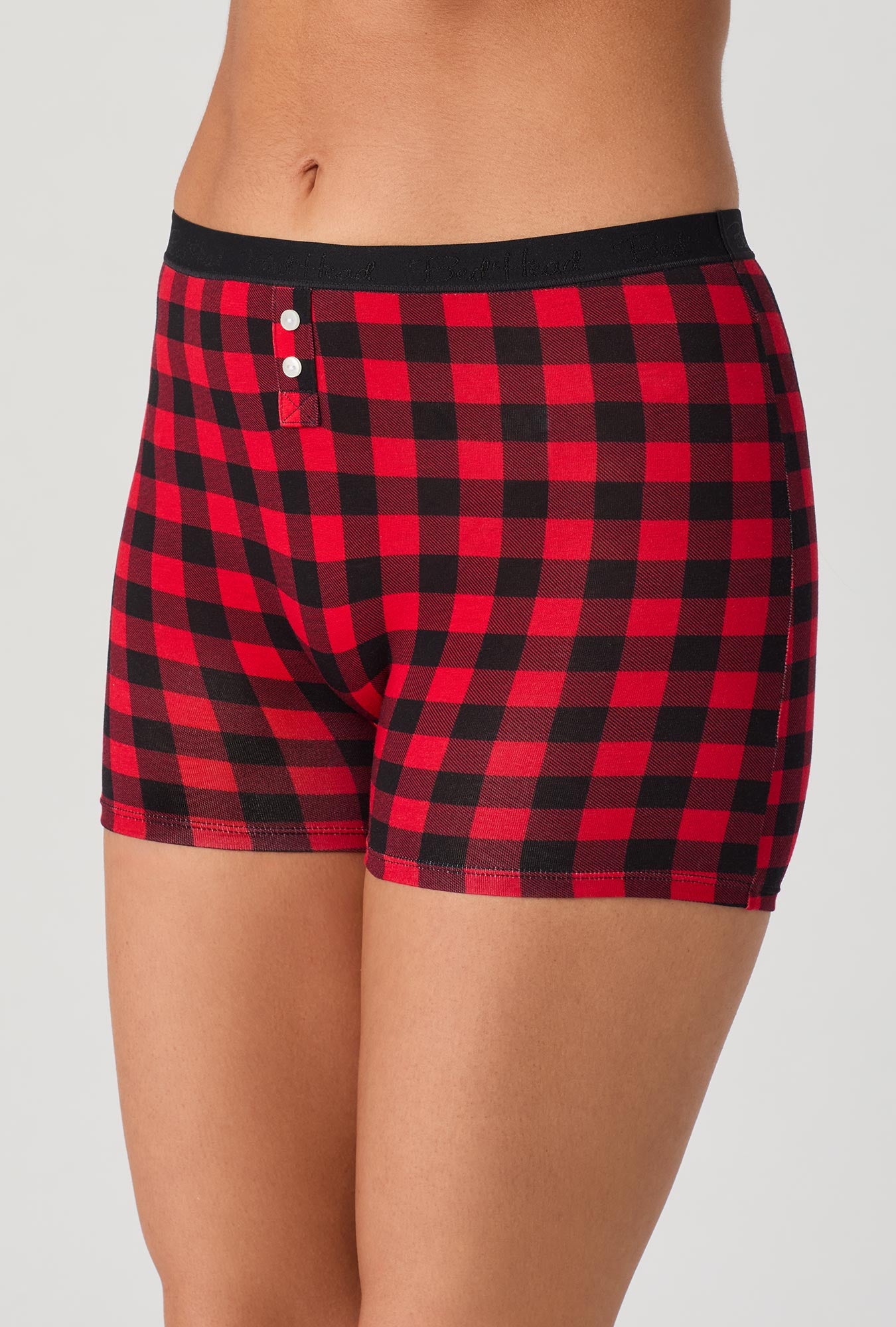 A lady wearing Buffalo Plaid Stretch Jersey Boxer Short