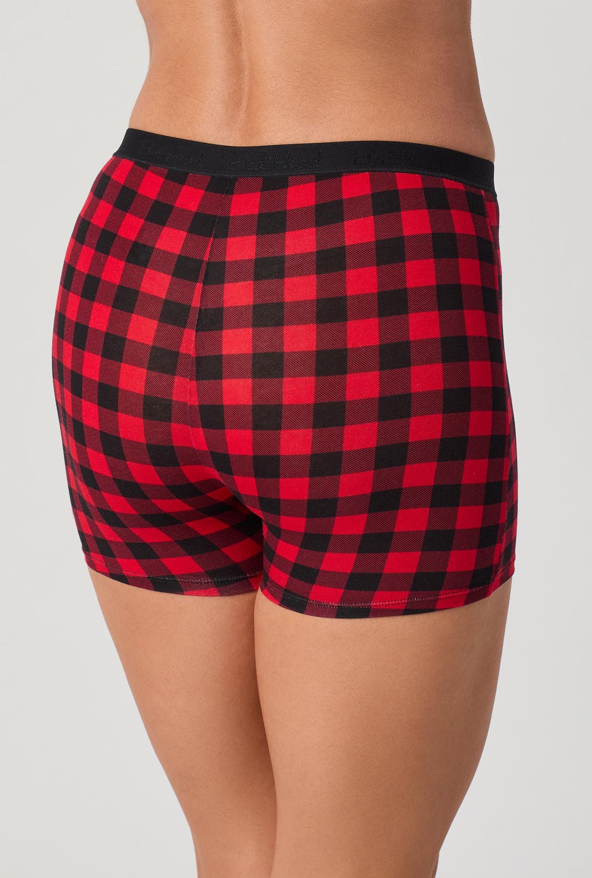 A lady wearing Buffalo Plaid Stretch Jersey Boxer Short