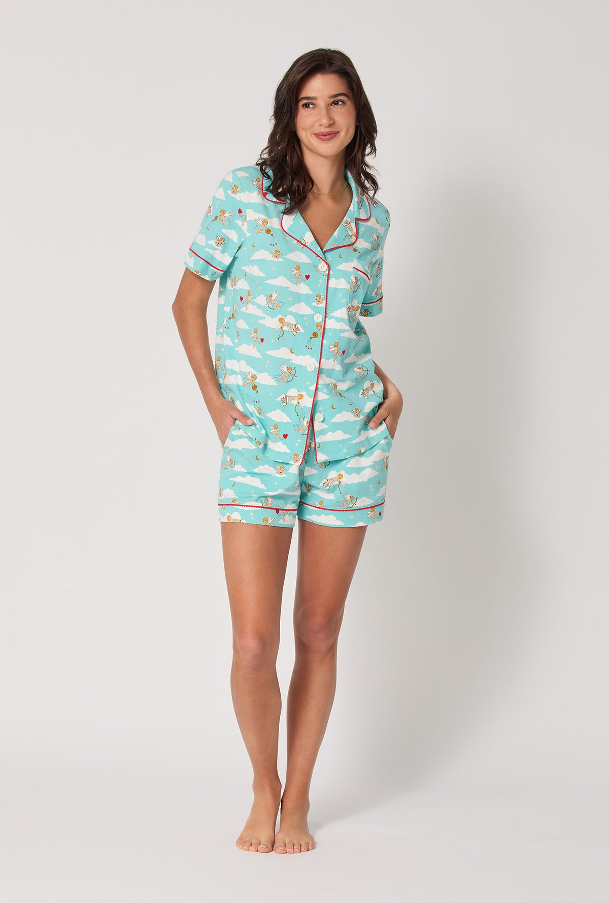 A lady wearing Cheeky Cupid Short Sleeve Classic Shorty Stretch Jersey Pj Set
