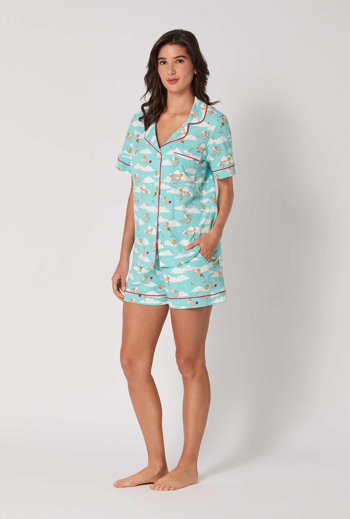 A lady wearing Cheeky Cupid Short Sleeve Classic Shorty Stretch Jersey Pj Set