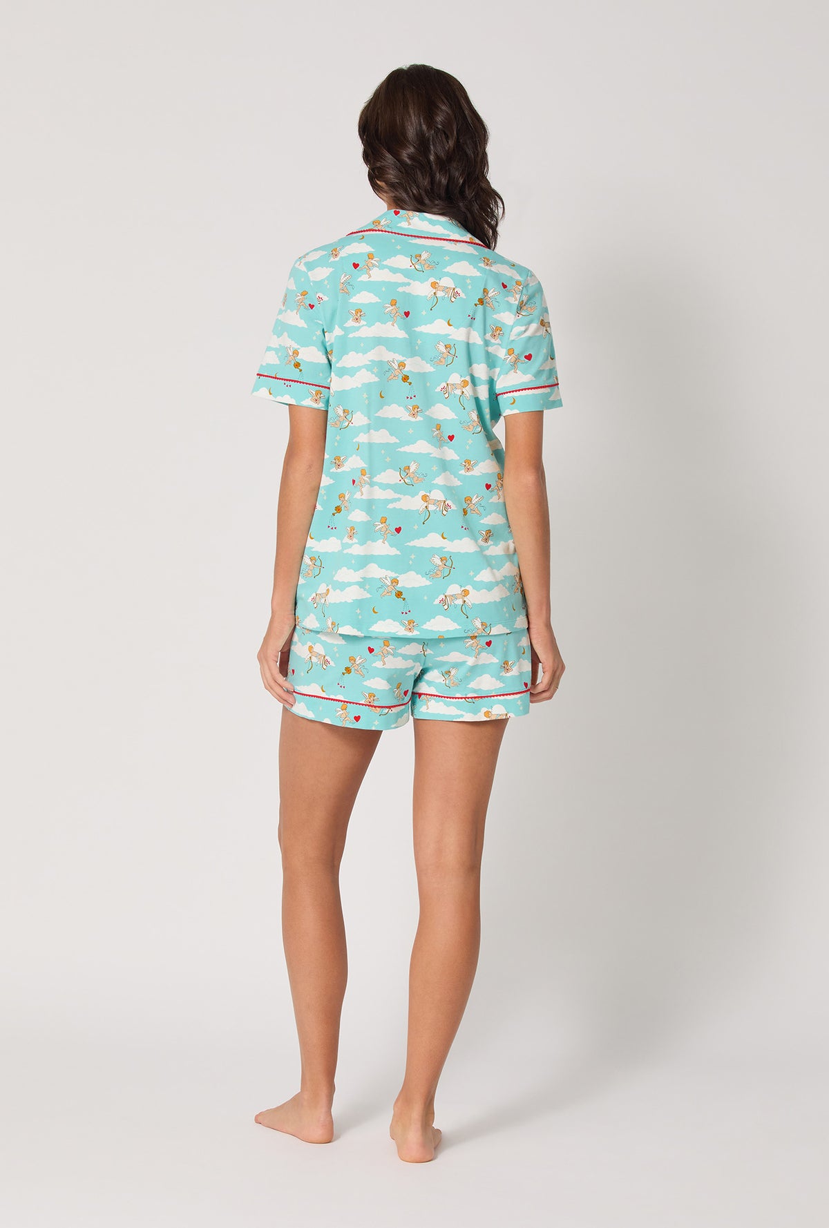 A lady wearing Cheeky Cupid Short Sleeve Classic Shorty Stretch Jersey Pj Set
