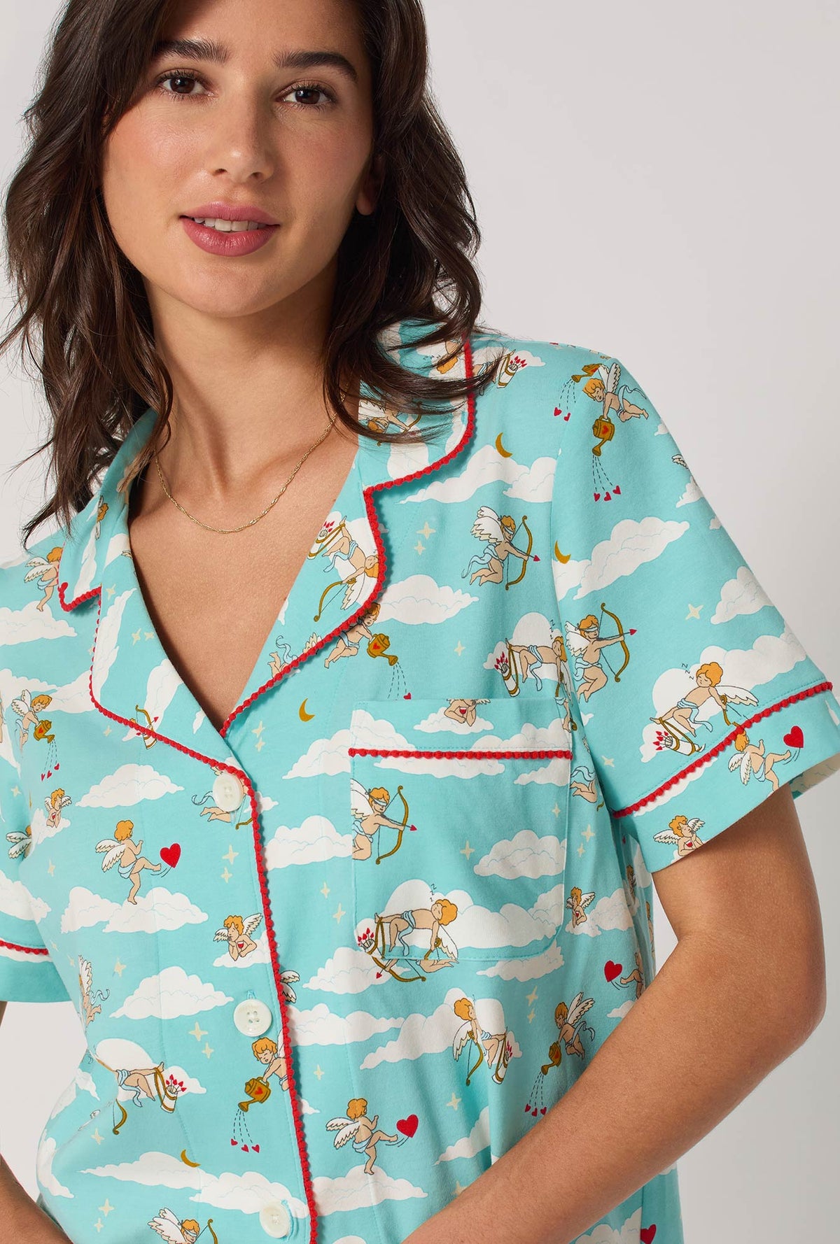 A lady wearing Cheeky Cupid Short Sleeve Classic Shorty Stretch Jersey Pj Set