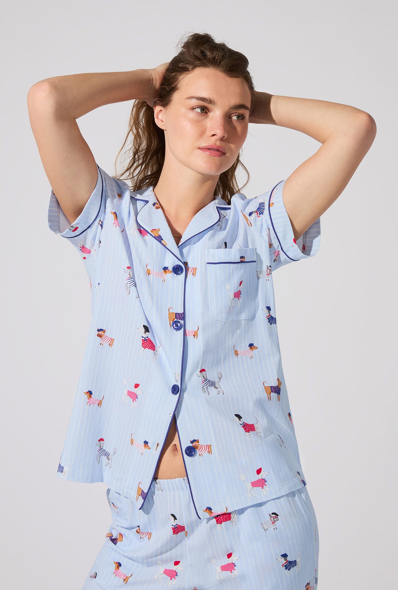 A lady wearing French Pups Short Sleeve Classic Stretch Jersey Cropped PJ Set