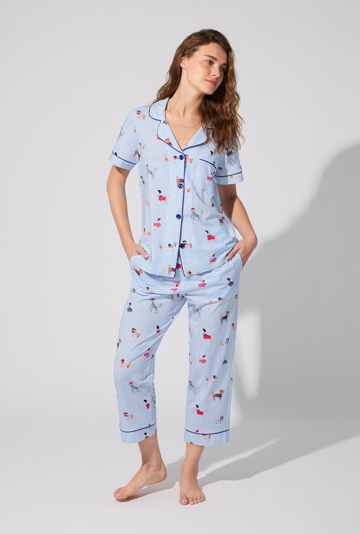 A lady wearing French Pups Short Sleeve Classic Stretch Jersey Cropped PJ Set