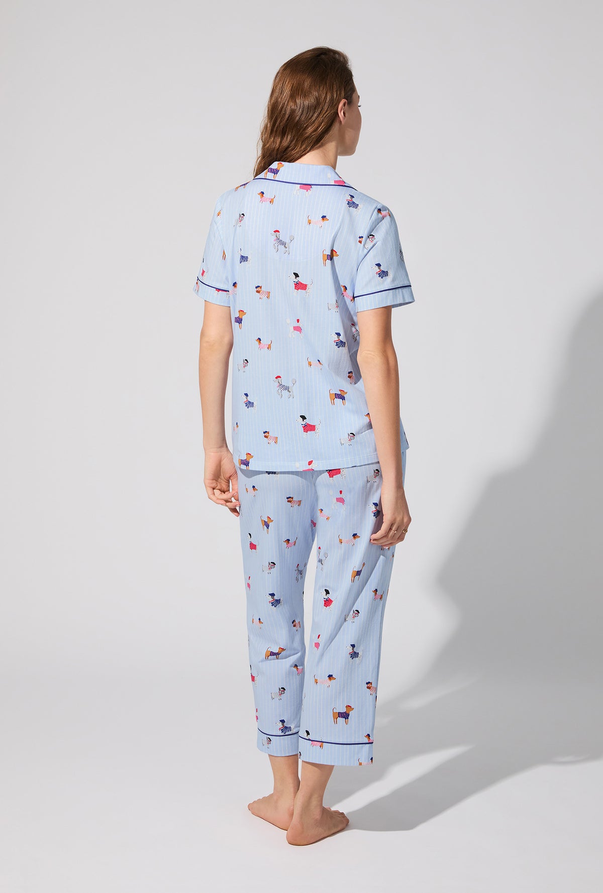 A lady wearing French Pups Short Sleeve Classic Stretch Jersey Cropped PJ Set
