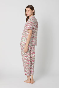 A lady wearing Olivia Short Sleeve Classic Woven Cotton Poplin Cropped Pj Set