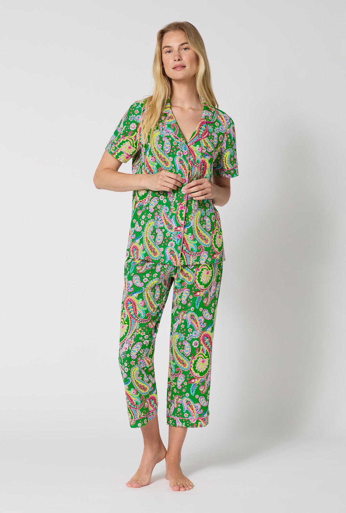 A Lady Wearing Sultana Short Sleeve Classic Stretch Jersey Cropped Pj Set