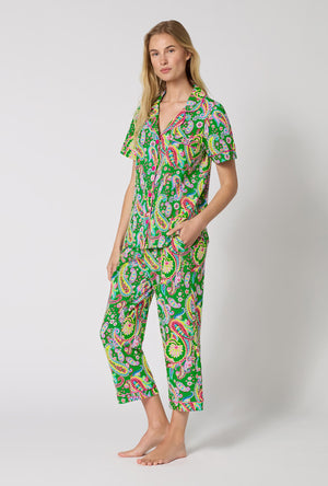 A Lady Wearing Sultana Short Sleeve Classic Stretch Jersey Cropped Pj Set in a side angled pose